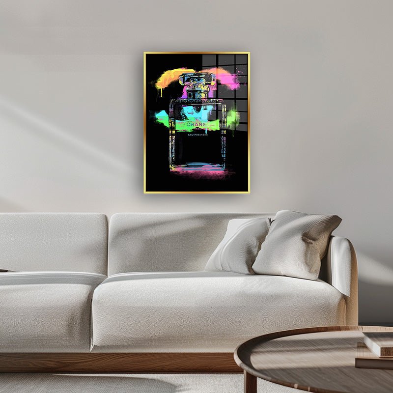 Chanel Bottle painting in a golden frame inside