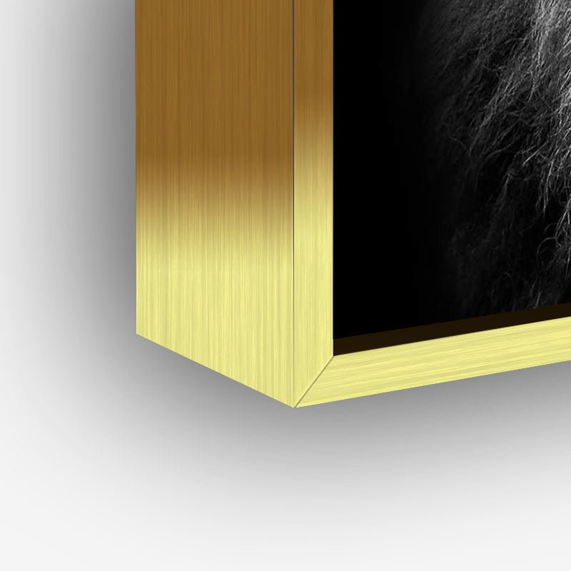Lion black and white painting in a gold frame closeup