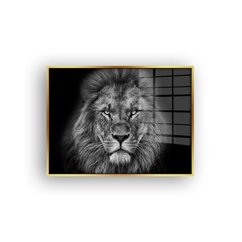 Lion black and white painting in a gold frame front view