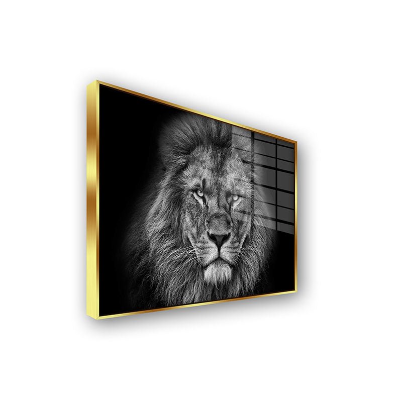 Lion black and white painting in a gold frame side view
