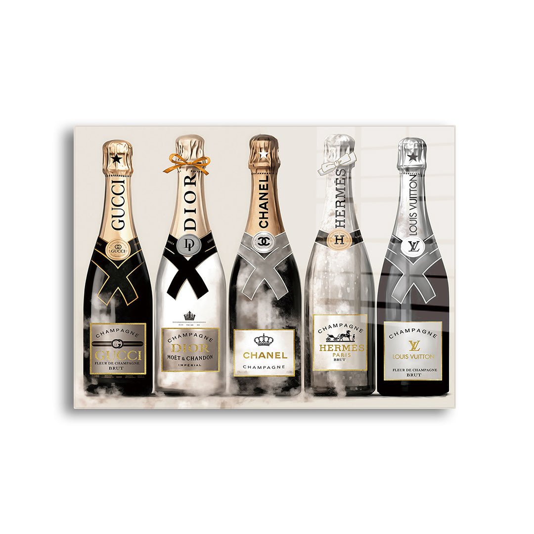 Champagne bottles glass painting without frame, front view