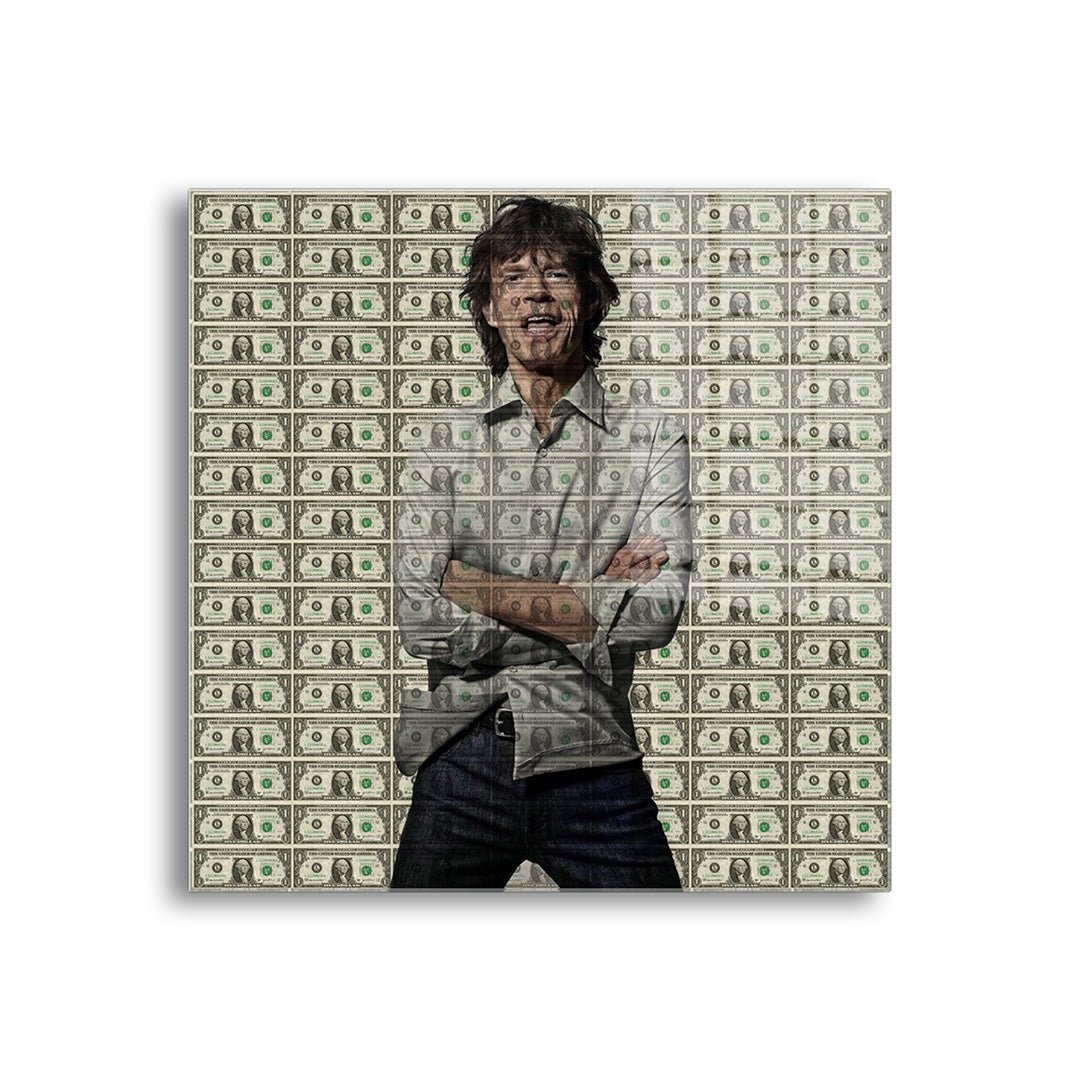 Mick jagger dollars glasschilderij voorkant