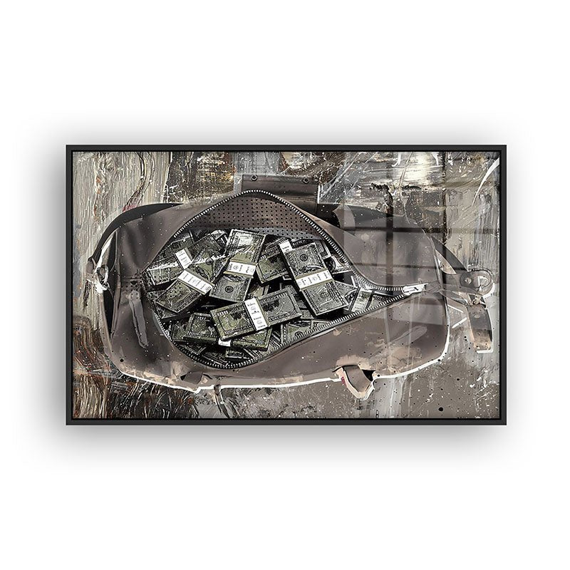 Money Bag painting in a black frame front view