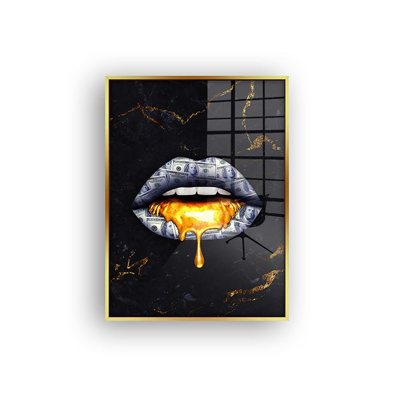Money Lips painting in a gold frame front view