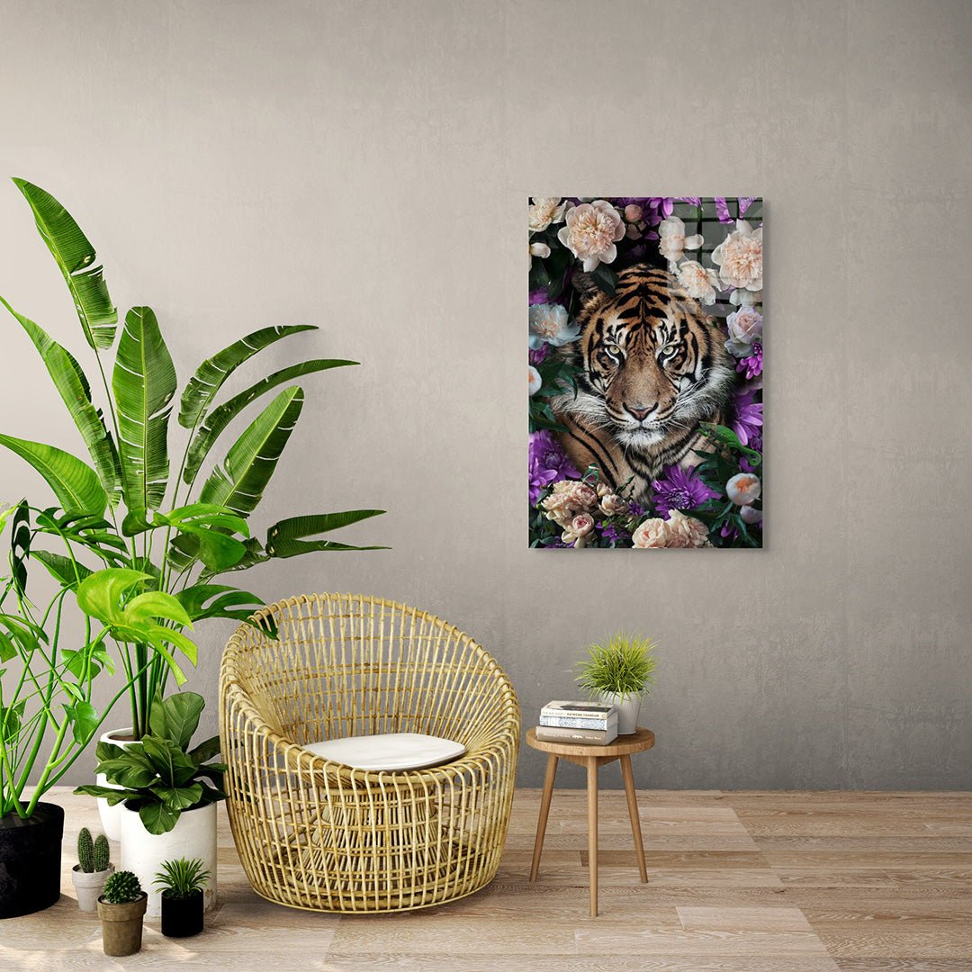 Tijger met bloemen glasschilderij interieur