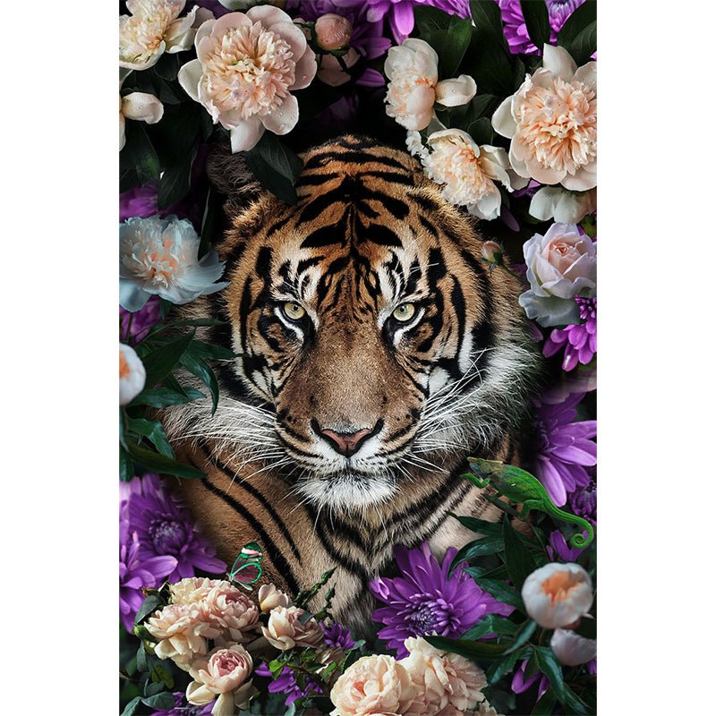 Tijger met bloemen glasschilderij ontwerp