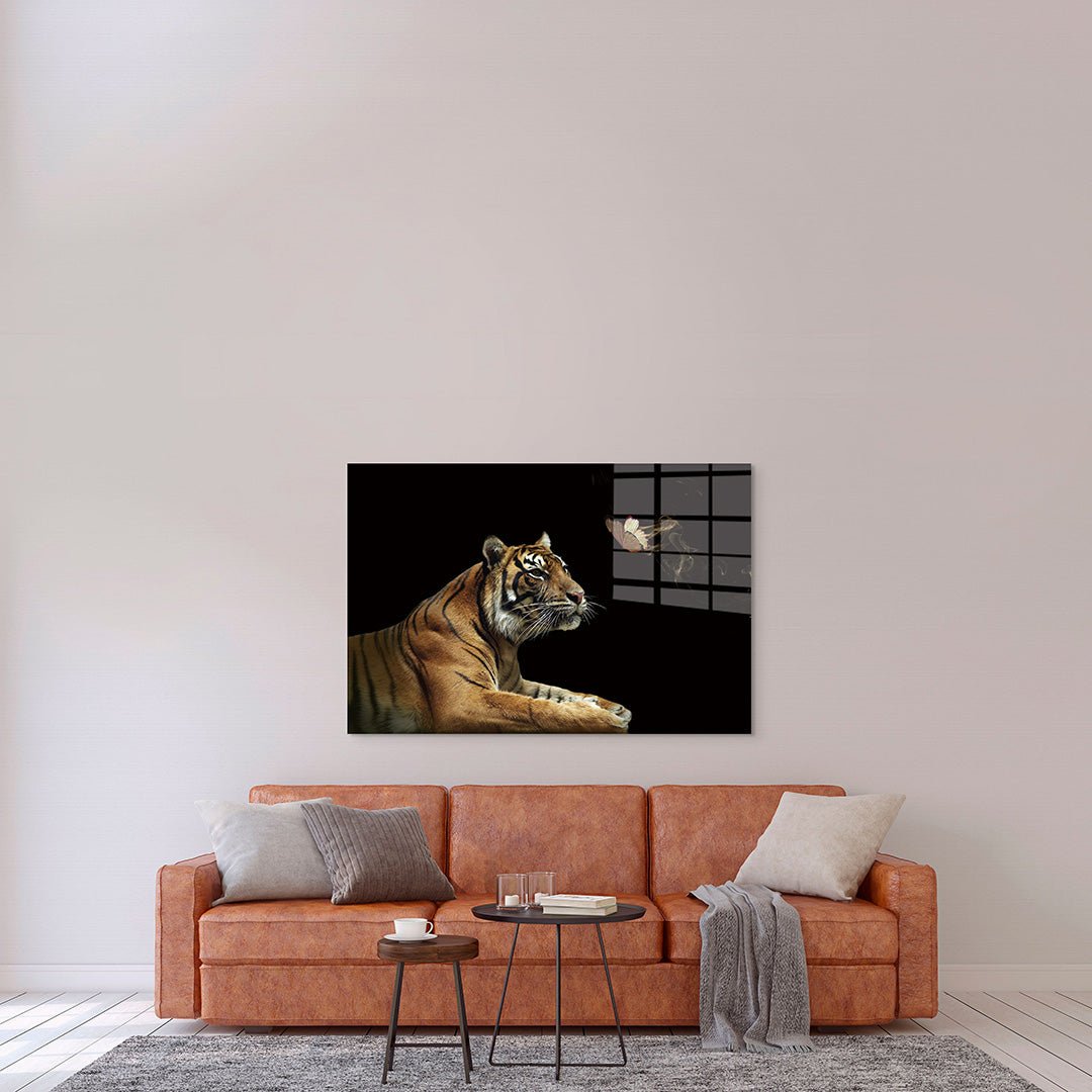 Tijger met vlinder glasschilderij interieur