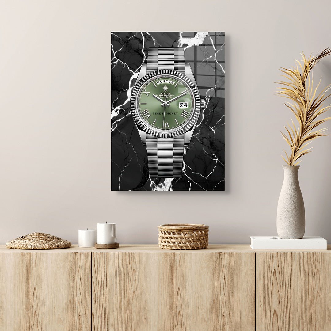 Time is money glasschilderij interieur