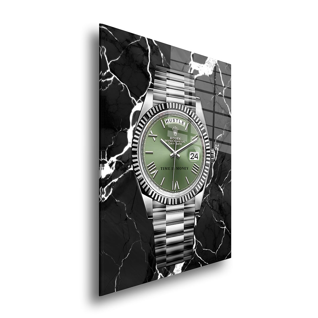 Time is money glasschilderij zijkant