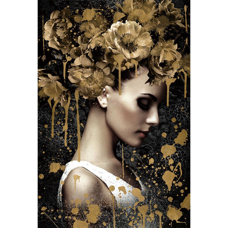 Vrouw met gouden bloemen glasschilderij ontwerp