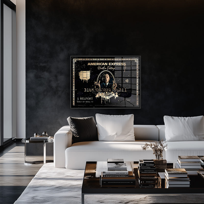 American Express painting in a black frame inside 