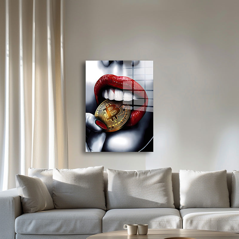 Bitcoin Lips glass painting without frame inside