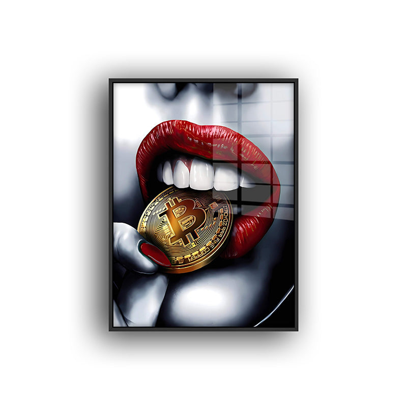 Bitcoin Lips painting in a black frame front view