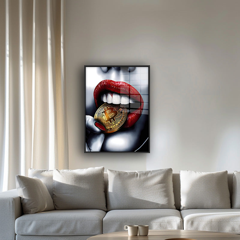 Bitcoin Lips painting in a black frame inside