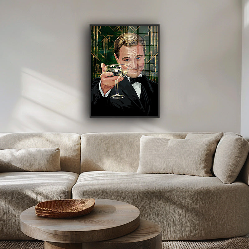 Gatsby painting in a black frame inside