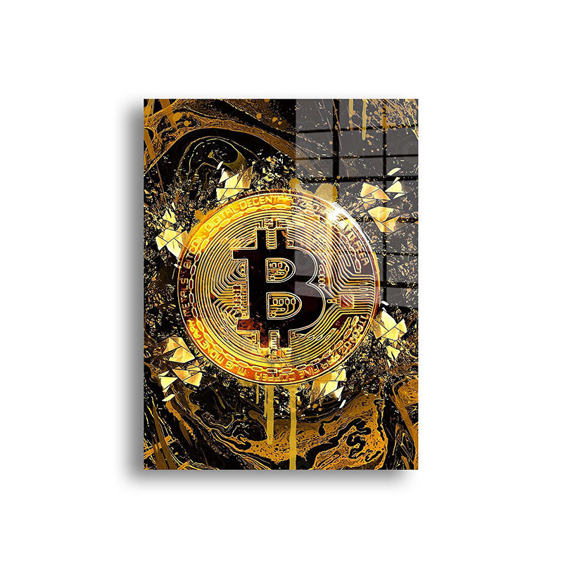 Golden Bitcoin glass painting without frame front view