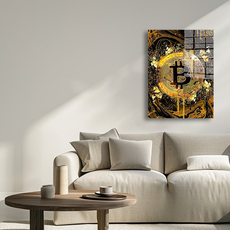 Golden Bitcoin glass painting without frame inside