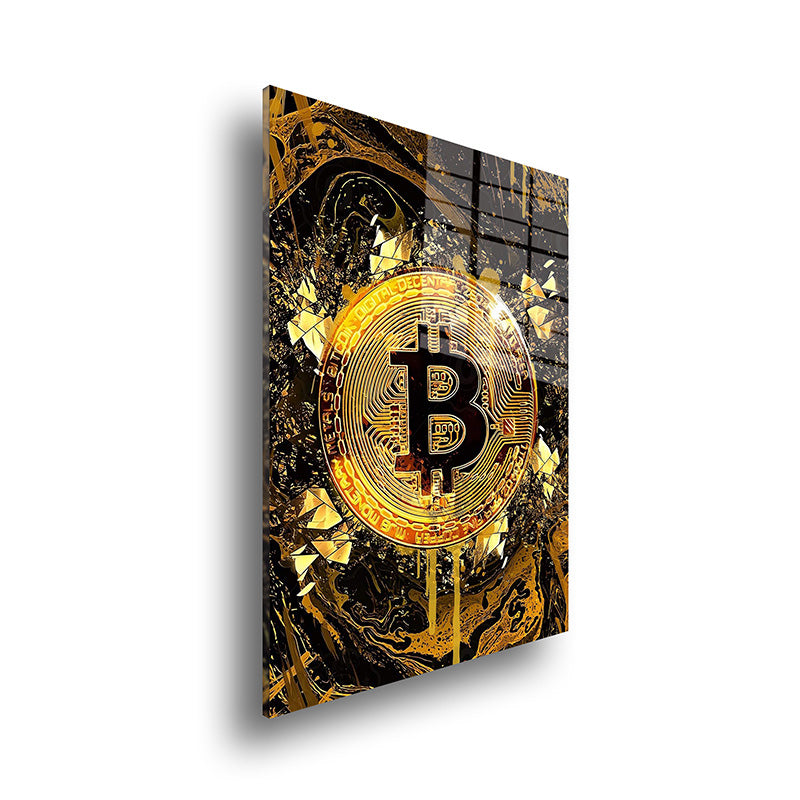 Golden Bitcoin glass painting without frame side view