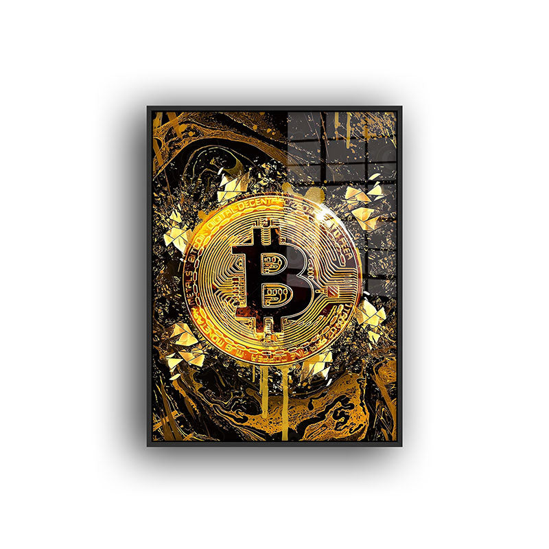 Golden Bitcoin painting in a black frame front view