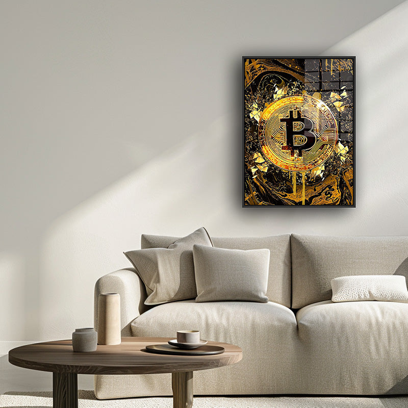 Golden Bitcoin painting in a black frame inside