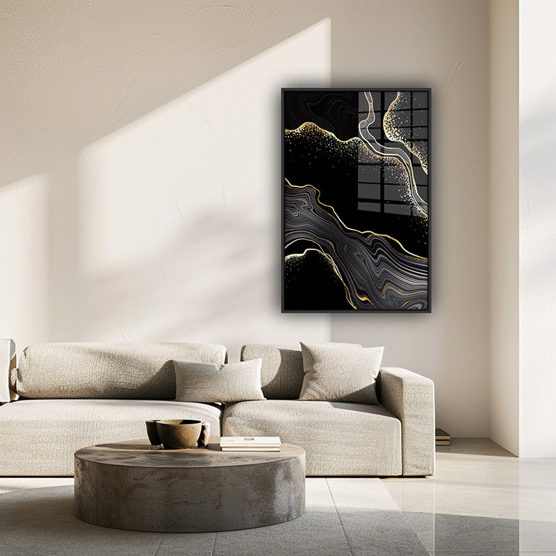 Golden Flow painting in a black frame inside