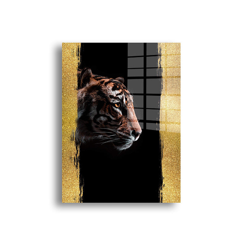 Golden Tiger glass painting without frame front view