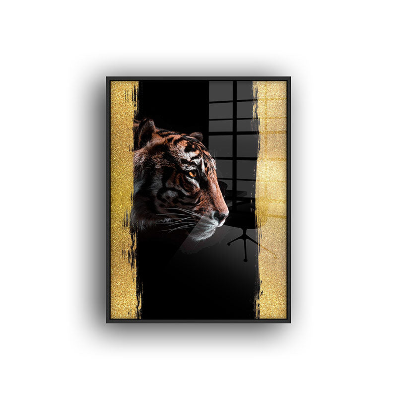 Golden Tiger painting in a black frame front view