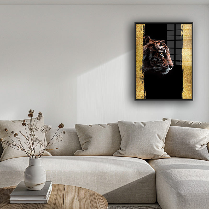 Golden Tiger painting in a black frame inside