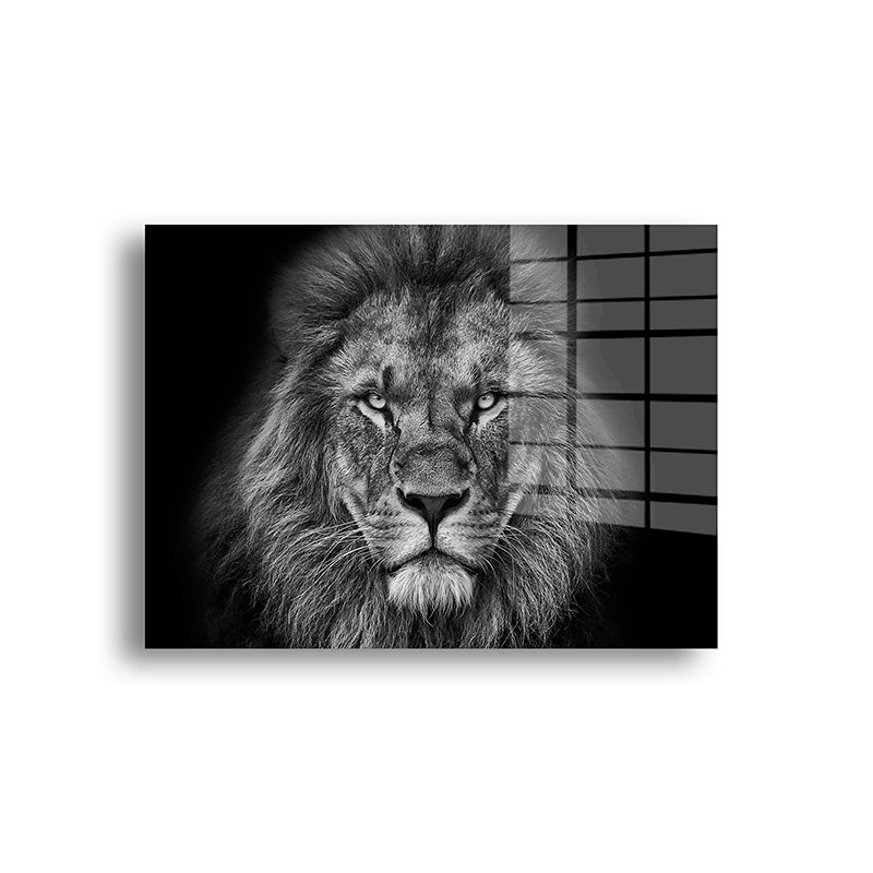 Lion black and white glass painting without frame front view