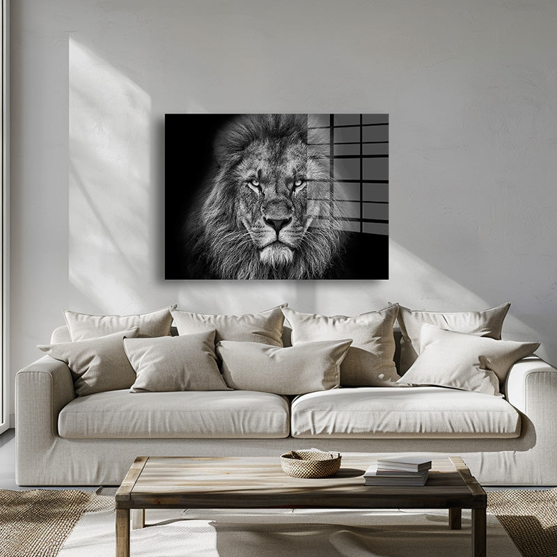 Lion black and white glass painting without frame inside