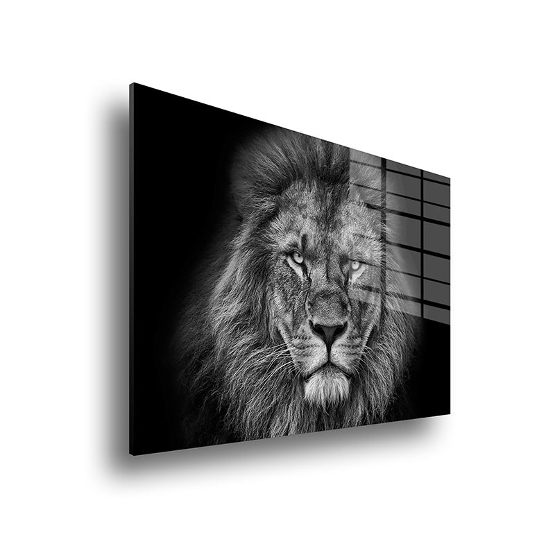 Lion black and white glass painting without frame side view