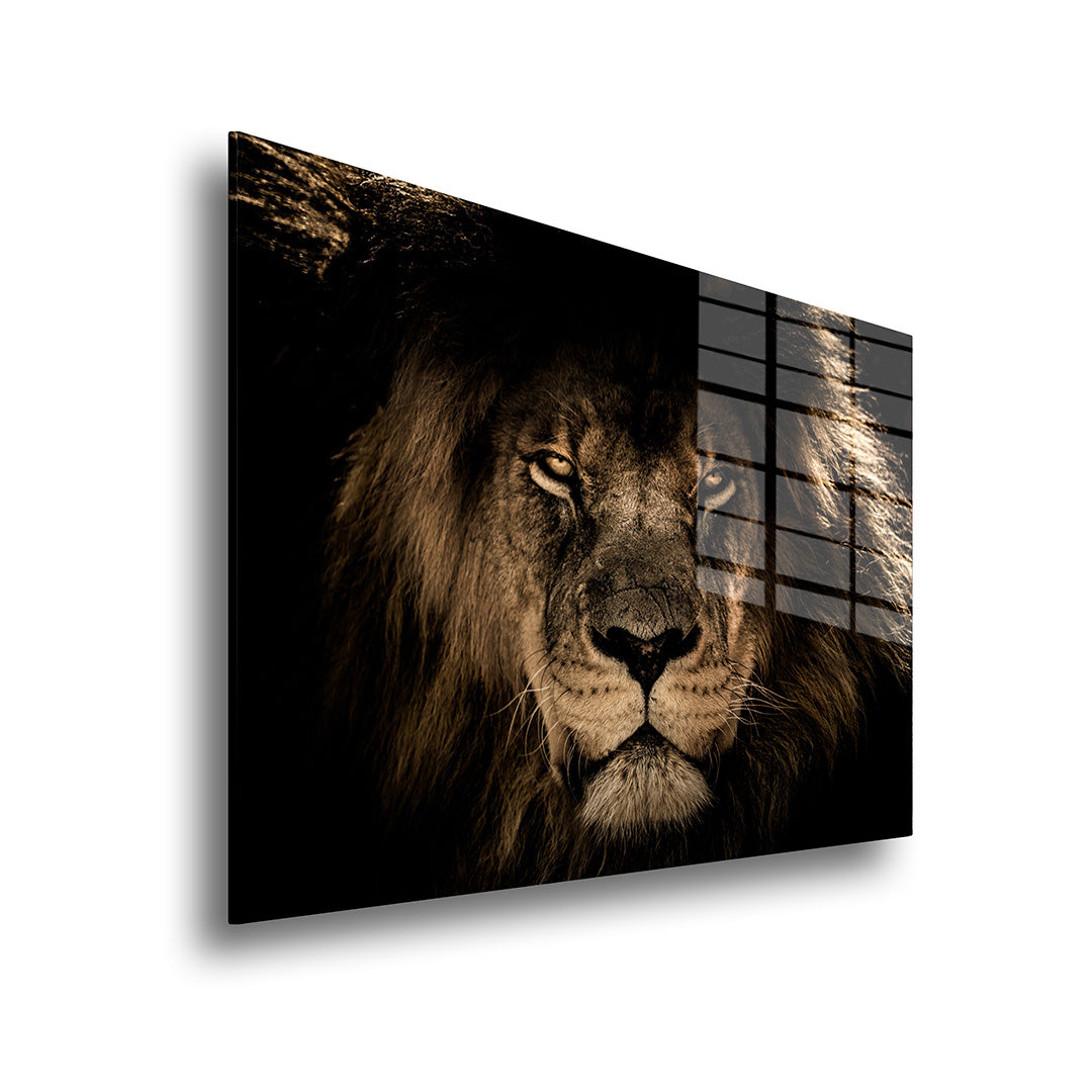 Lion portrait glass painting without frame side view