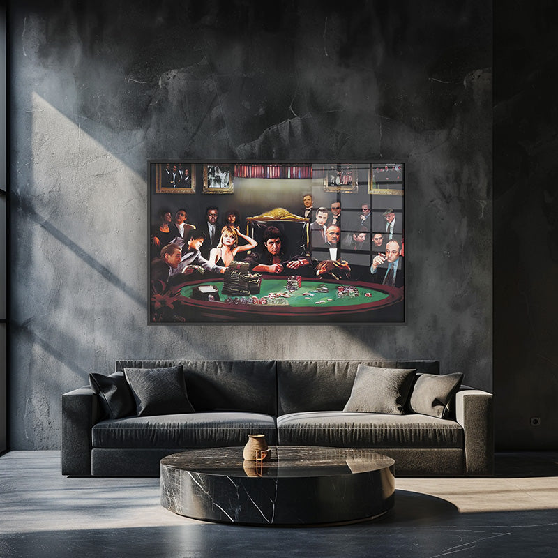 Mafia Poker Night painting in a black frame inside