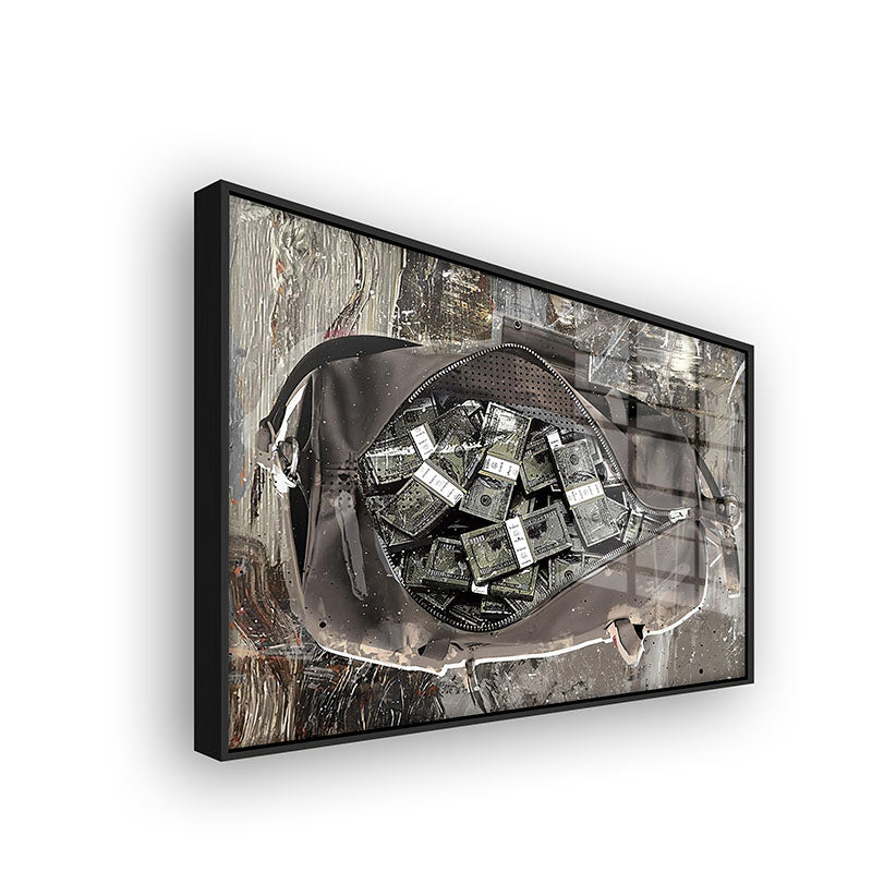 Money Bag painting in a black frame side view