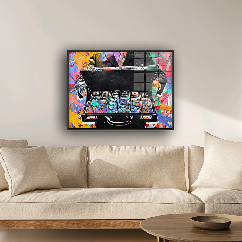 Money Briefcase painting in a black frame inside