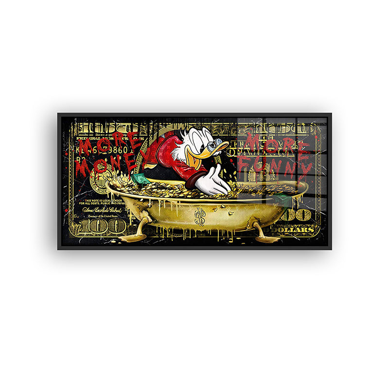 More Money Duck painting in a black frame front view 