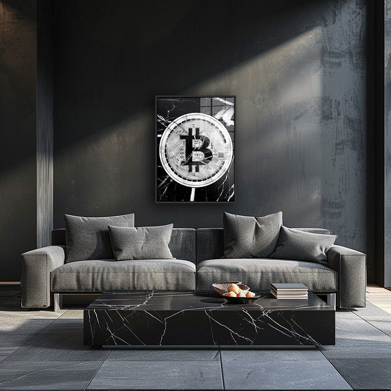 Platinum Bitcoin painting in a black frame inside