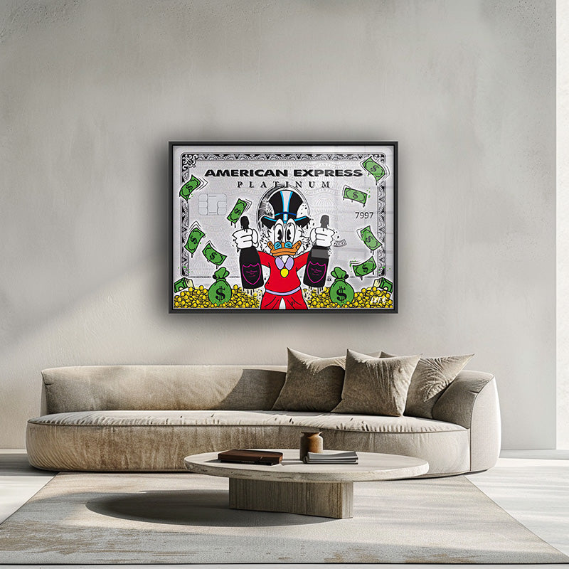 Platinum Duck painting in a black frame inside