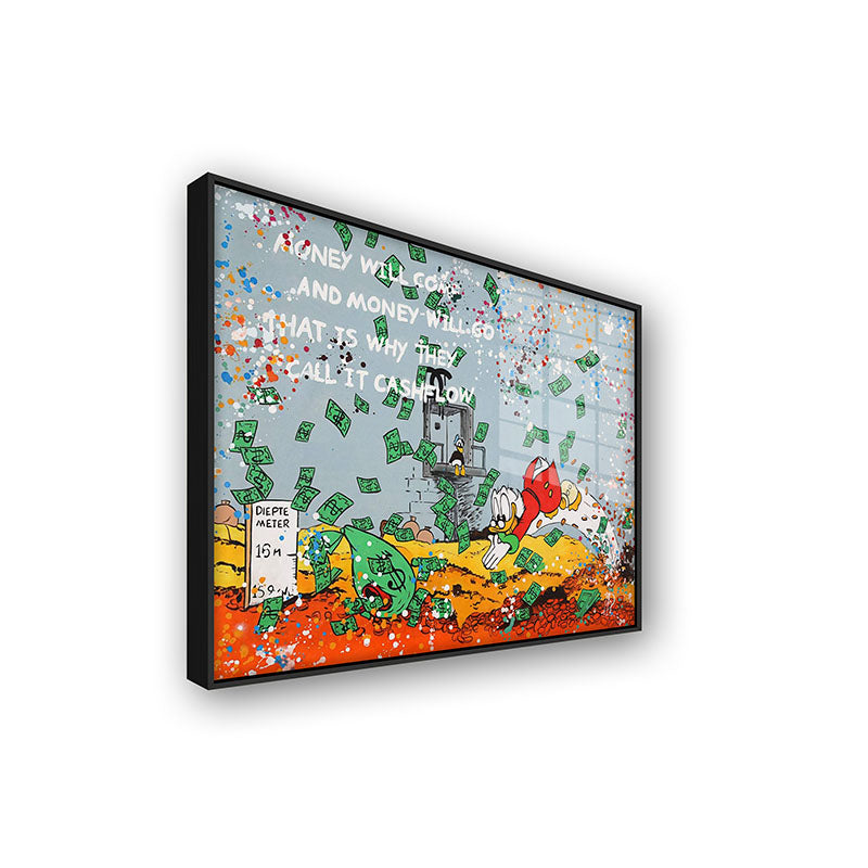 The Money Dive painting in a black frame side view