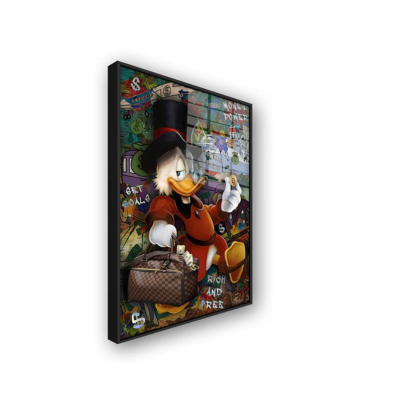 The Rich Duck painting in a black frame side view