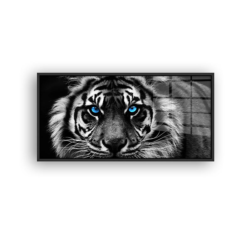 Tiger with Blue Eyes painting in a black frame front view