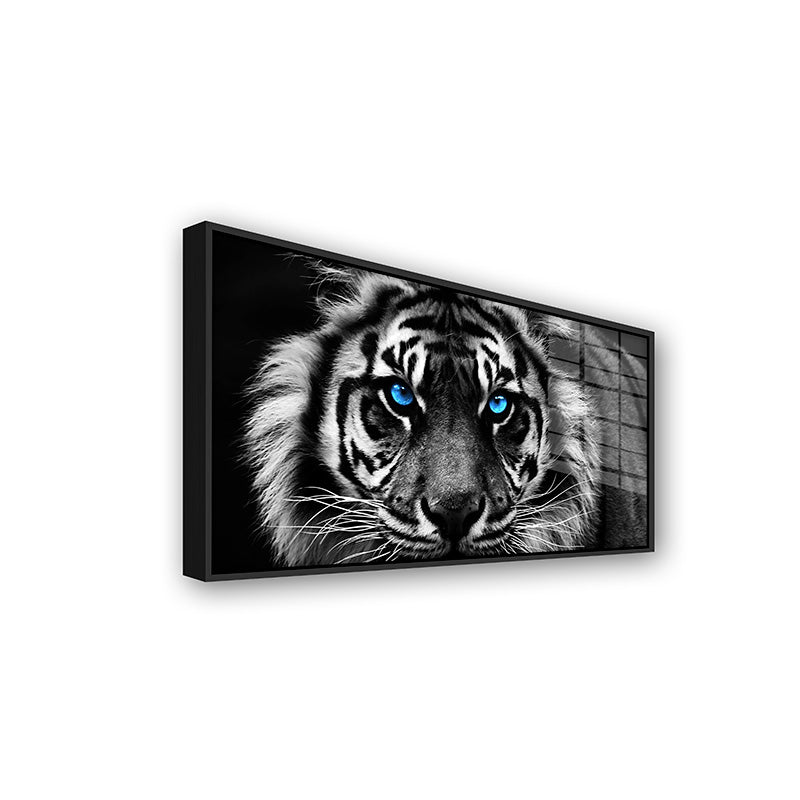 Tiger with Blue Eyes painting in a black frame side view