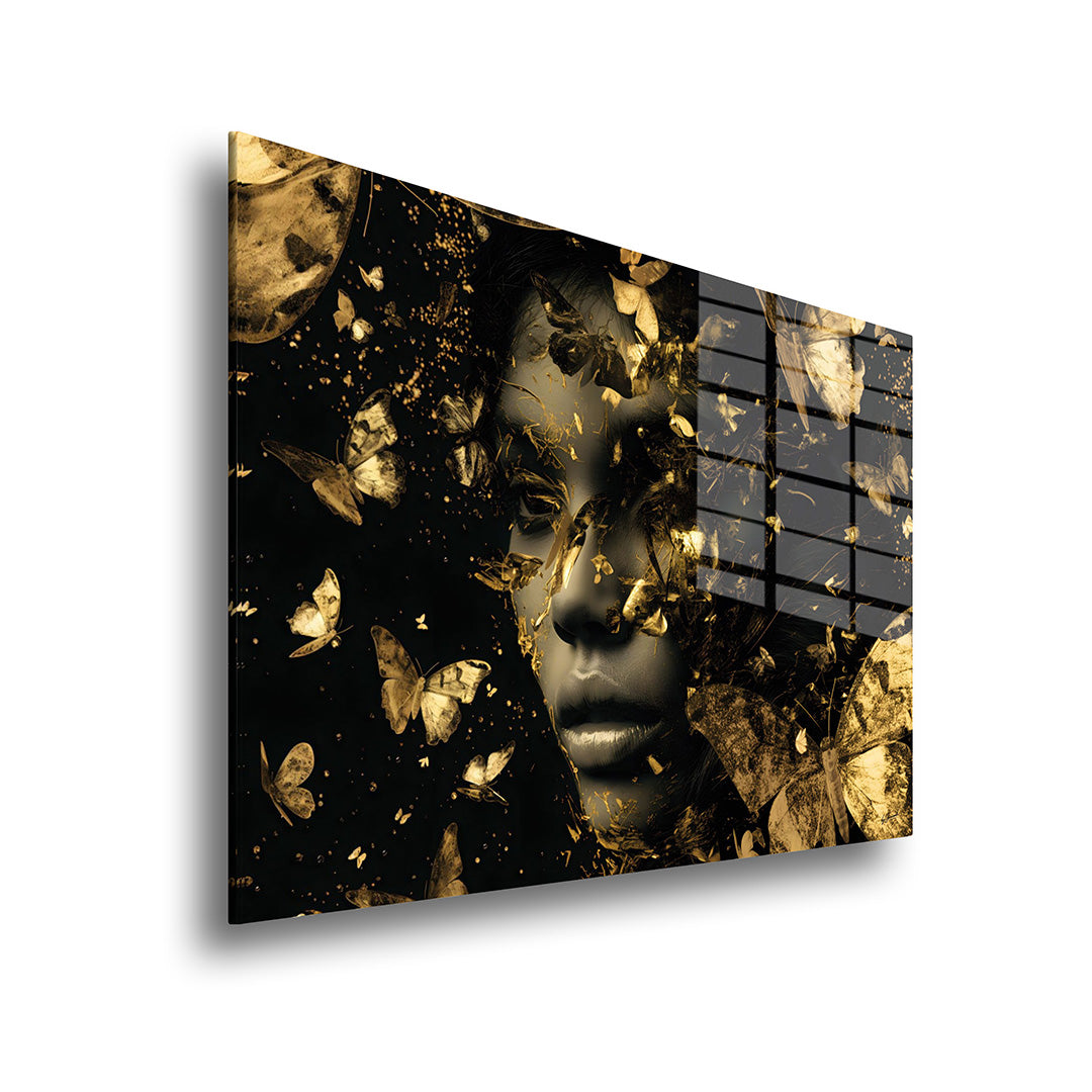 Woman with golden butterflies glass painting without frame side view