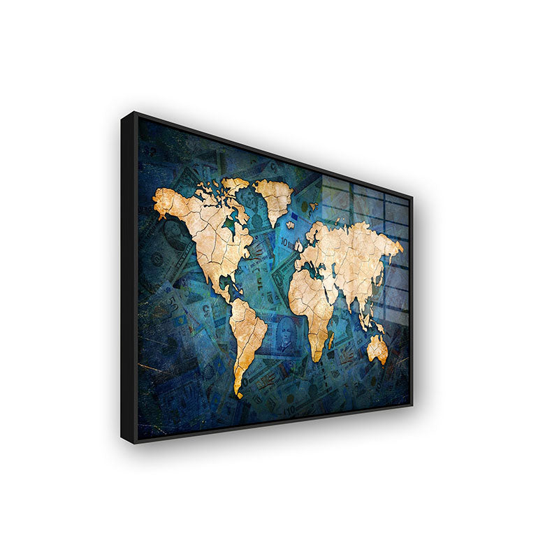 World of Money painting in a black frame side view