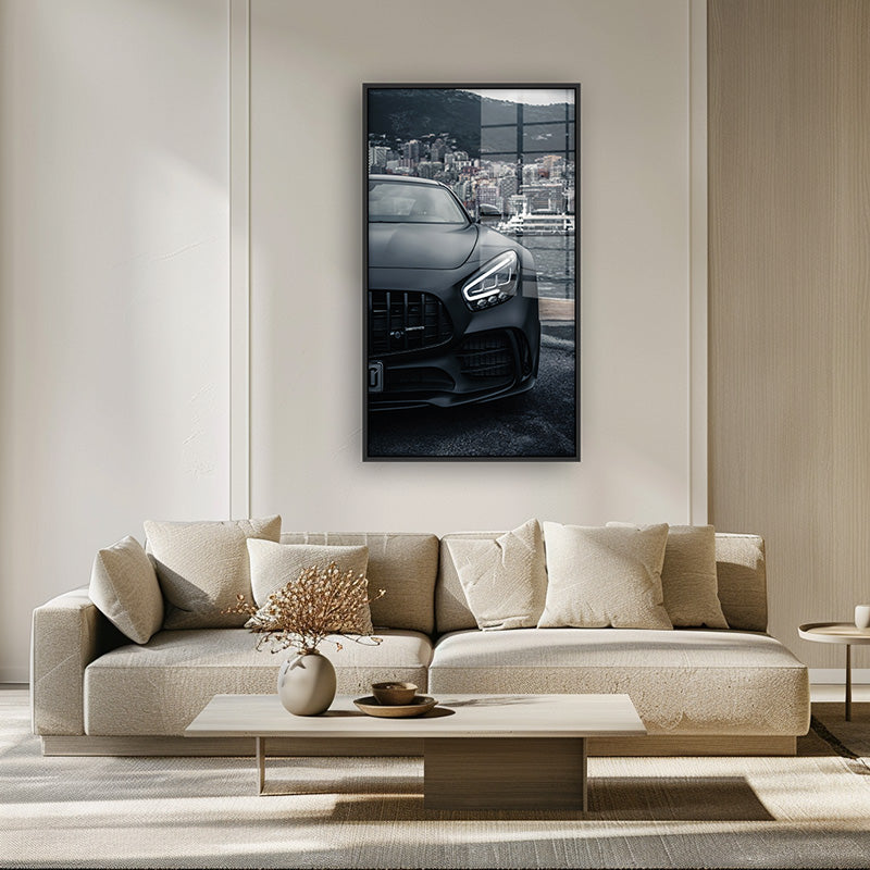 Painting of Mercedes AMG in a black frame inside