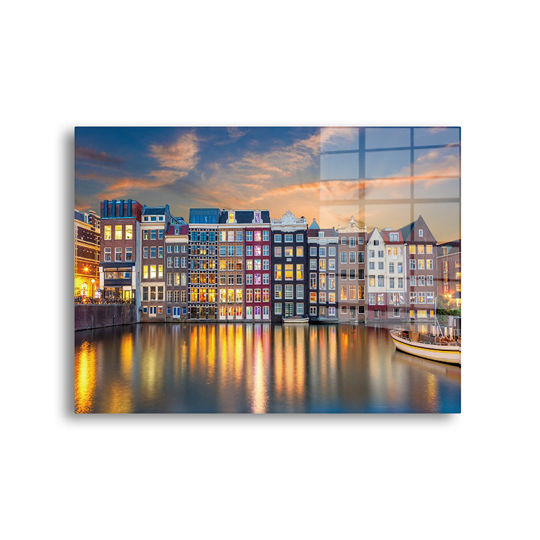 Amsterdam Canal Houses glass painting without frame, front view