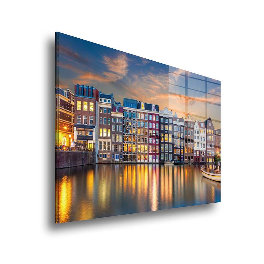 Amsterdam Canal Houses glass painting without frame, side view