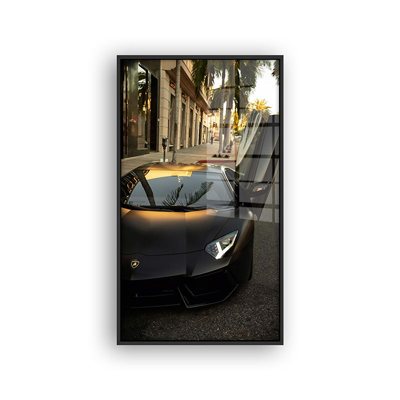 Painting of a aventador in a black frame front view