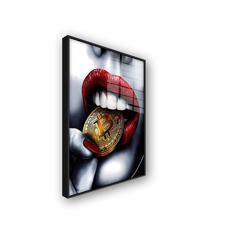 Painting of bitcoin lips in a black frame side view