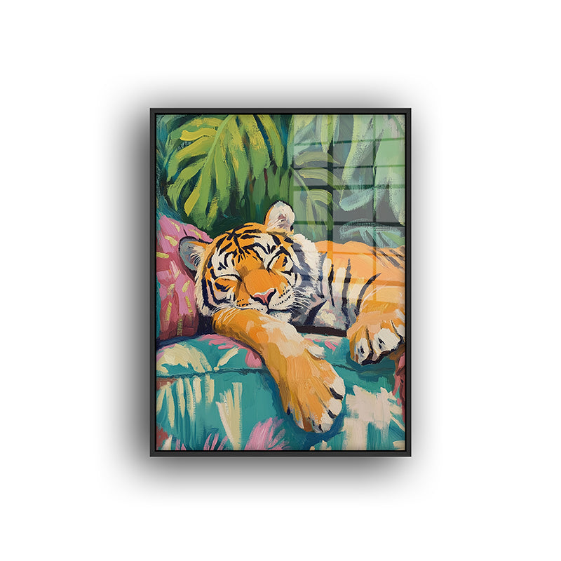 Painting of Boho Tiger in a black frame front view